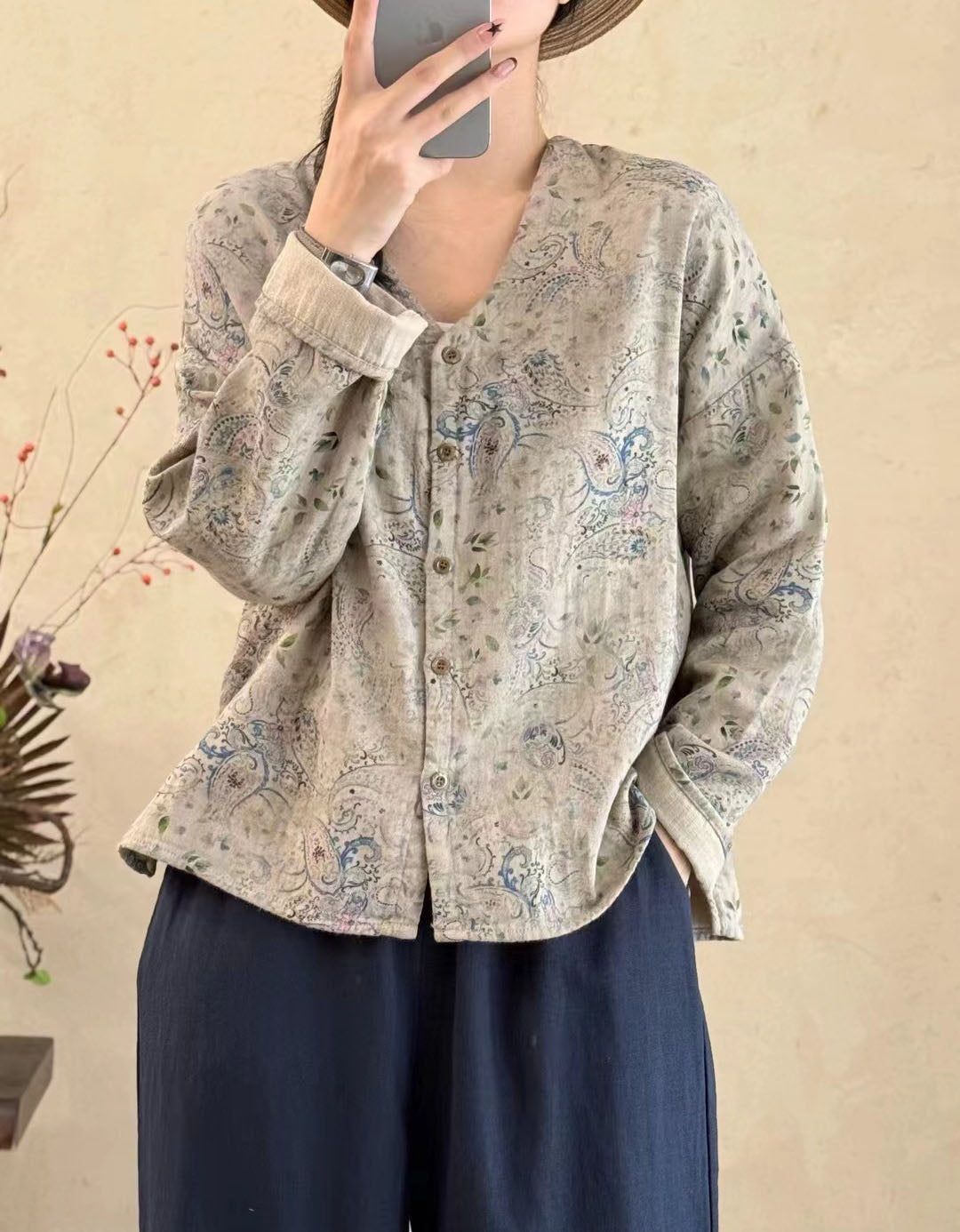 Autumn Cotton Linen Vintage Printed Cardigan