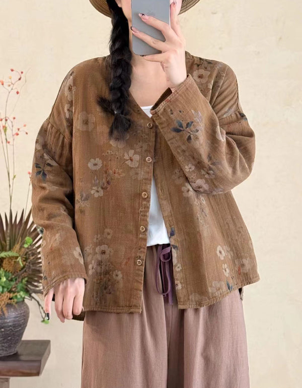 Autumn Cotton Linen Vintage Printed Cardigan