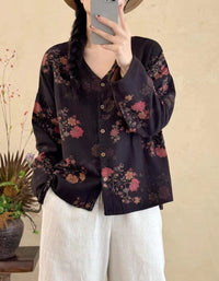 Autumn Cotton Linen Vintage Printed Cardigan