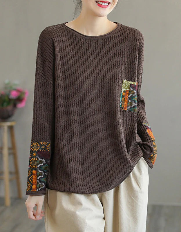 Autumn Ethnic Style Patchwork Knitted Loose Sweater Shirt