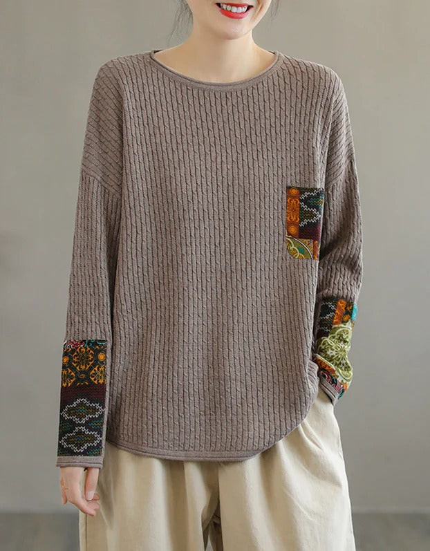 Autumn Ethnic Style Patchwork Knitted Loose Sweater Shirt