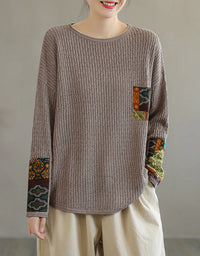 Autumn Ethnic Style Patchwork Knitted Loose Sweater Shirt
