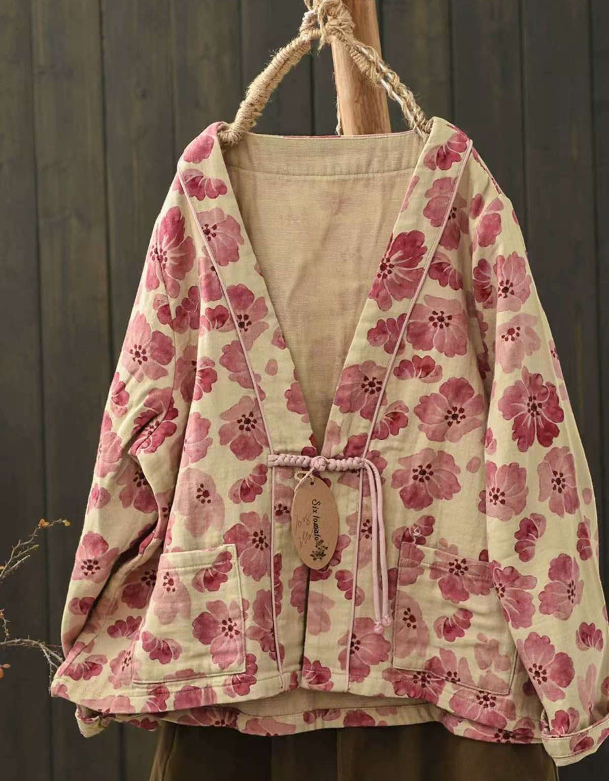 Autumn Flower Printed Double-layer V-neck Cardigan
