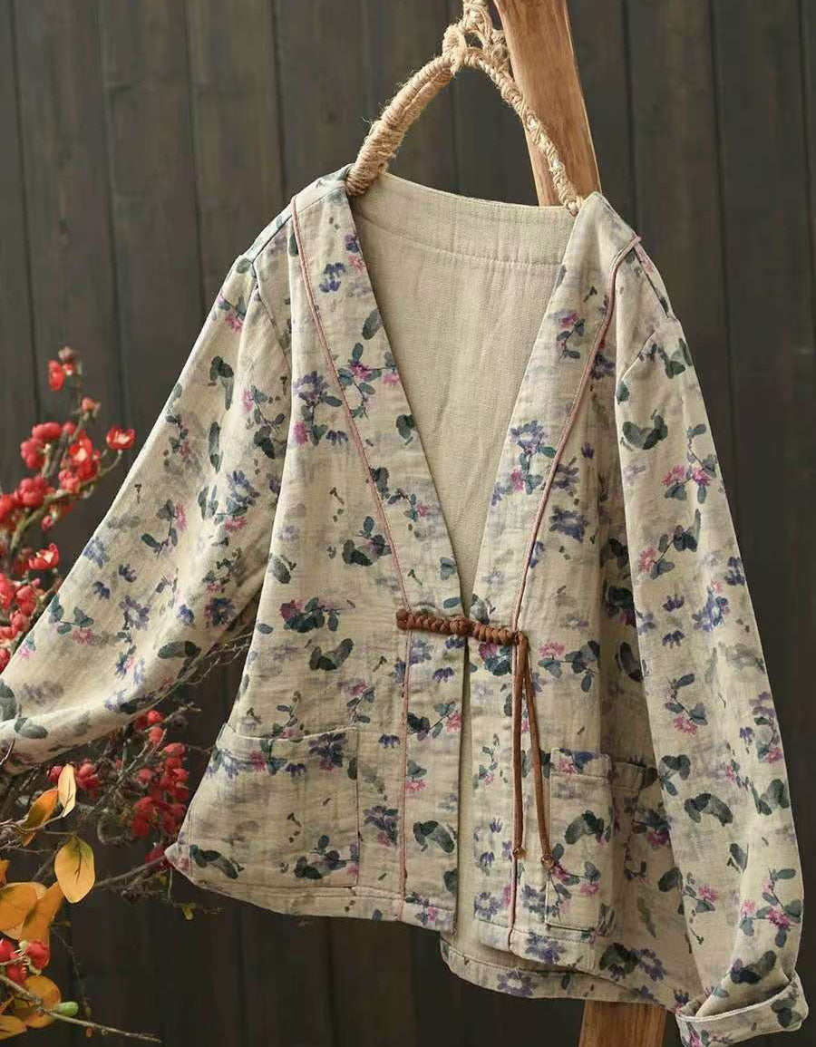 Autumn Flower Printed Double-layer V-neck Cardigan