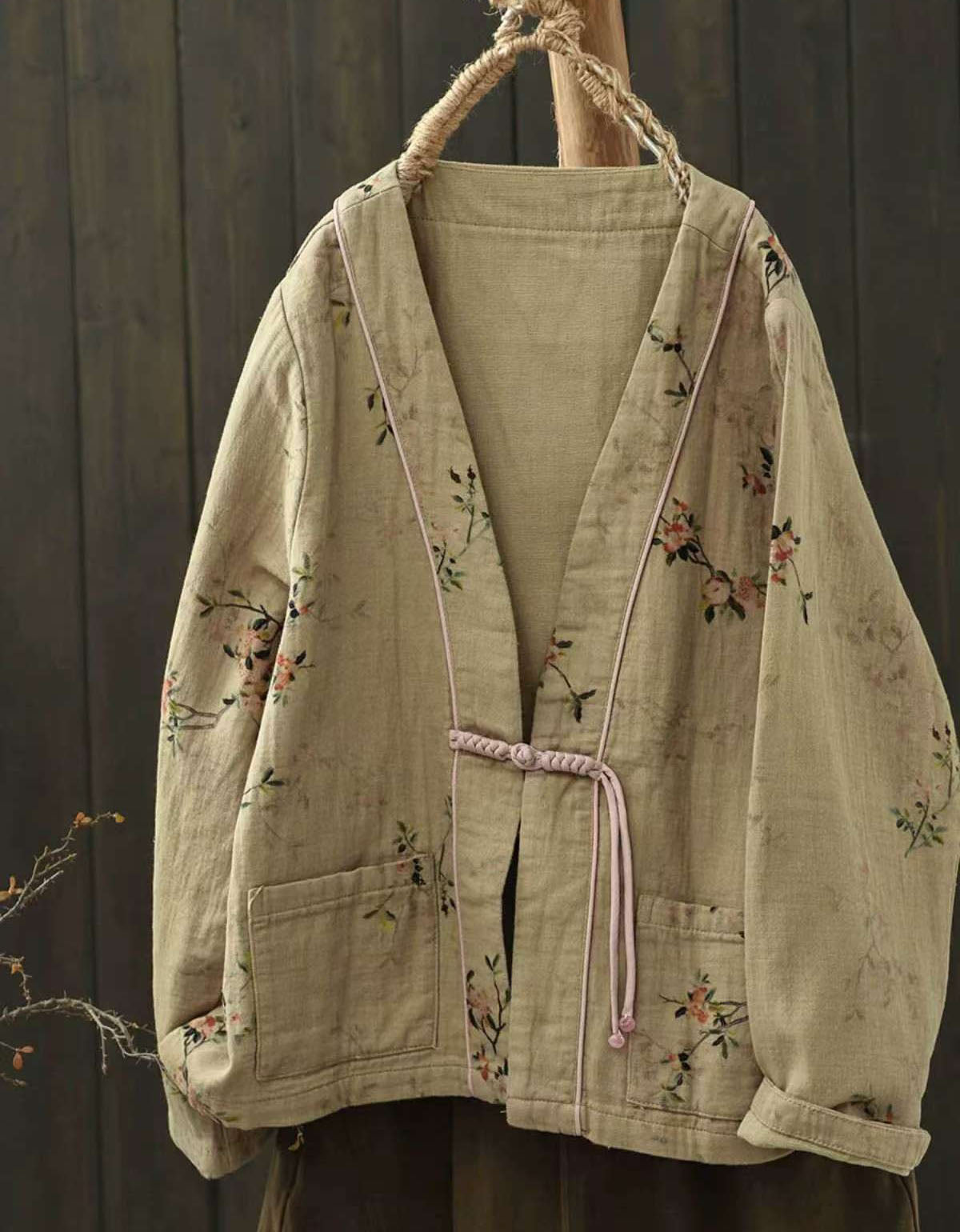 Autumn Flower Printed Double-layer V-neck Cardigan