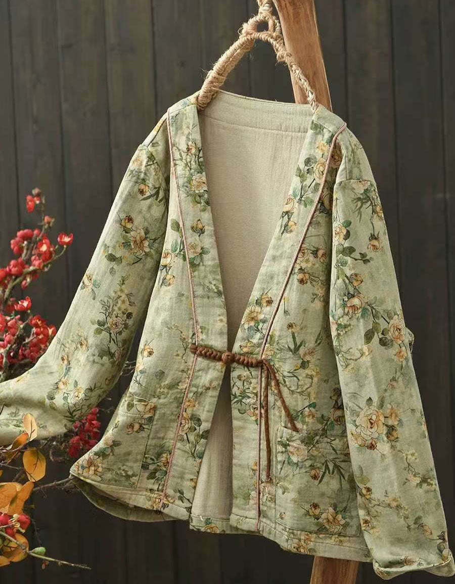 Autumn Flower Printed Double-layer V-neck Cardigan