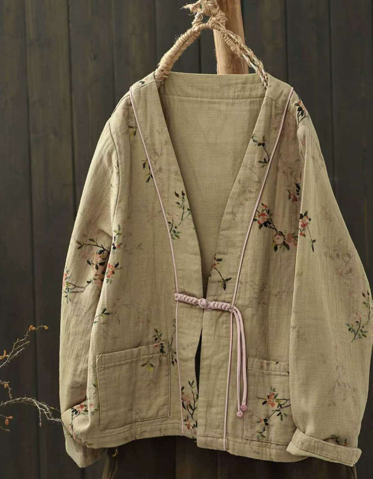 Autumn Flower Printed Double-layer V-neck Cardigan