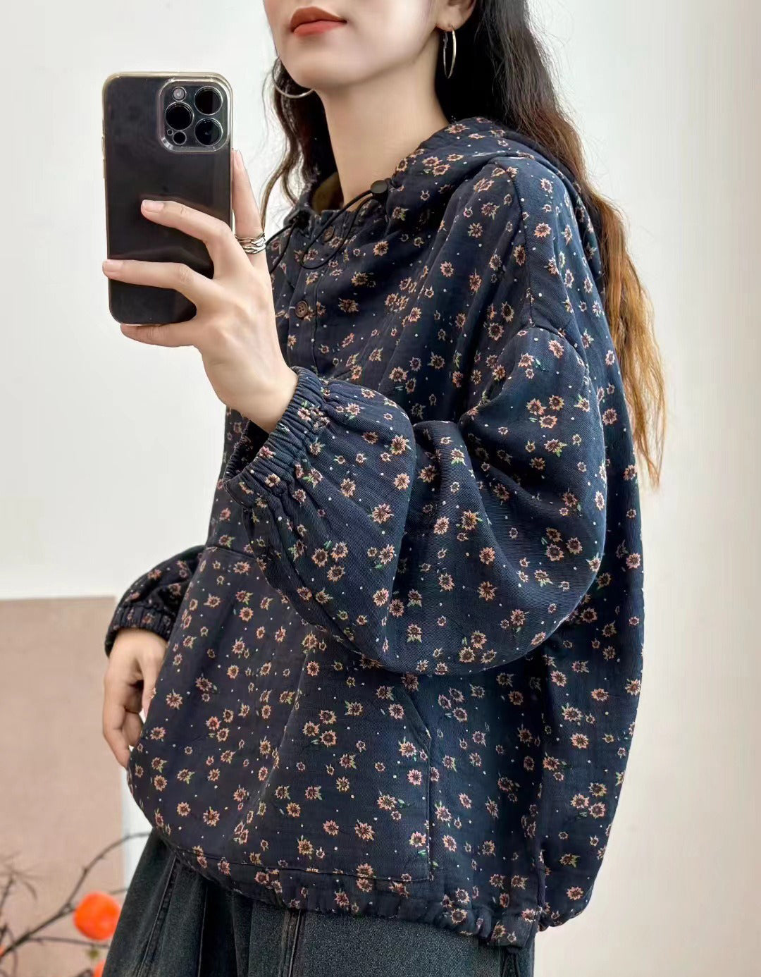 Autumn Flower Printed Loose Casual Hoodie for Women