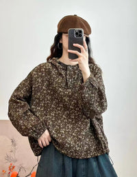 Autumn Flower Printed Loose Casual Hoodie for Women