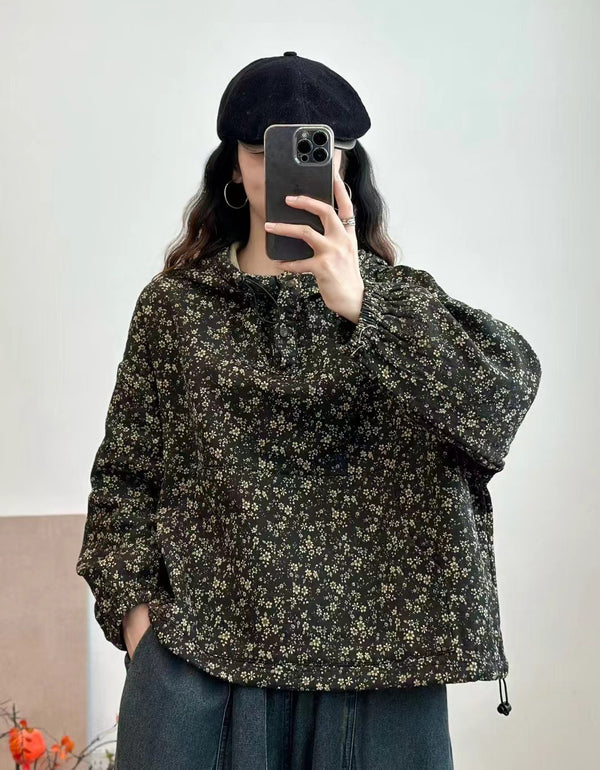 Autumn Flower Printed Loose Casual Hoodie for Women