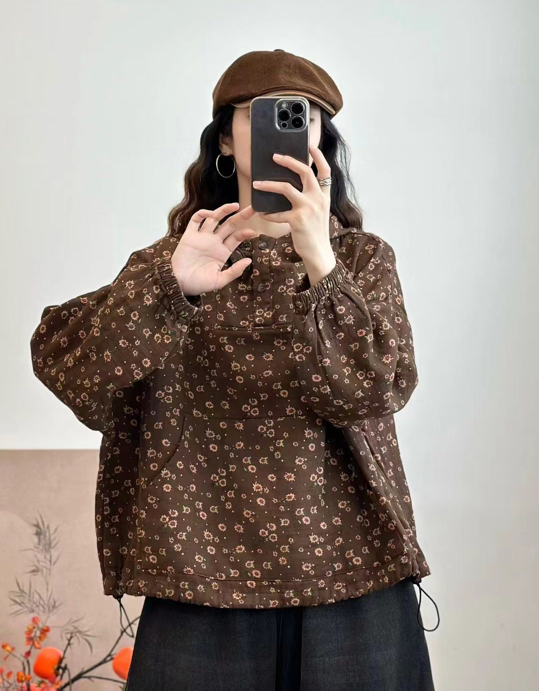 Autumn Flower Printed Loose Casual Hoodie for Women