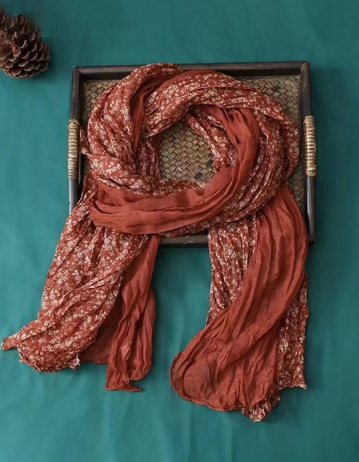 Autumn Winter Pleated Floral Cotton Linen Floral Printed Scarf