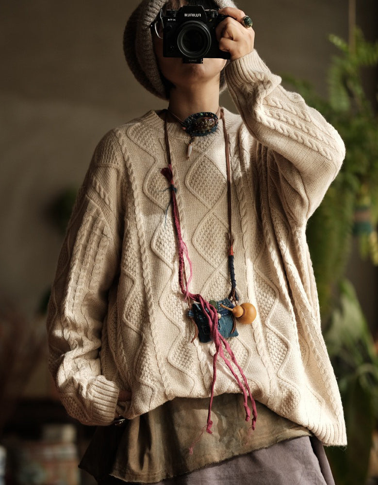 Autumn Winter Women’s Oversized Retro Cable Knit Sweater