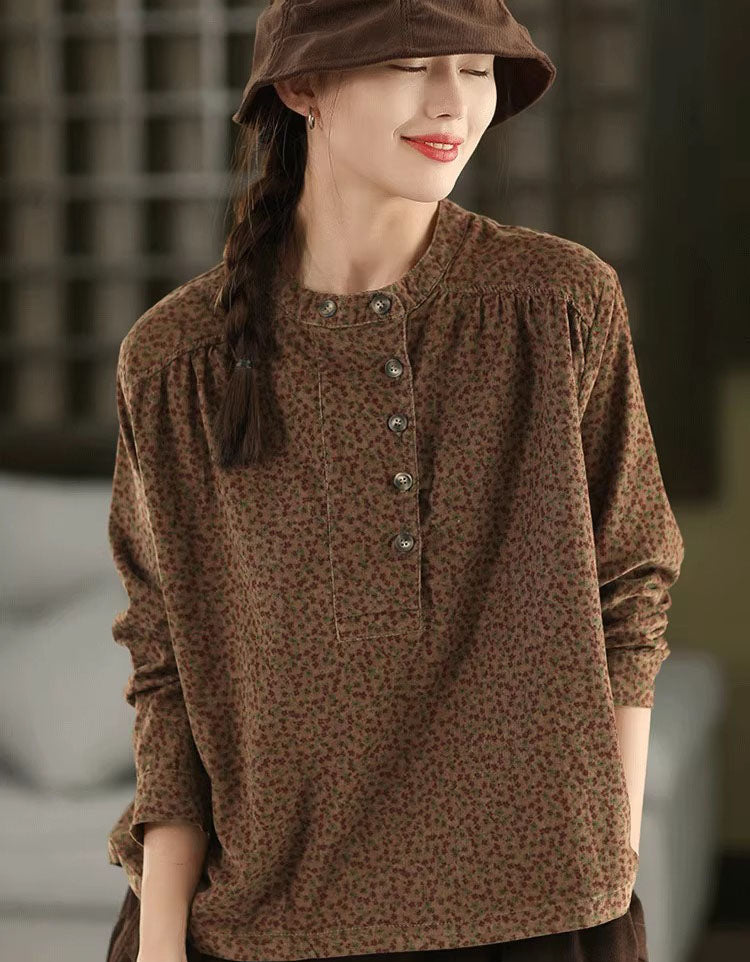 Autumn Women Color Printed Stand Collar Corduroy Shirt
