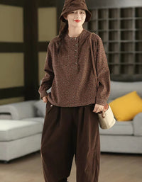Autumn Women Color Printed Stand Collar Corduroy Shirt