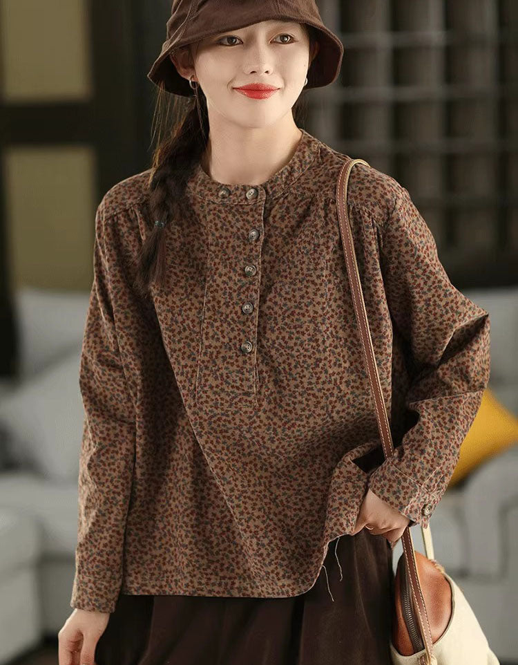 Autumn Women Color Printed Stand Collar Corduroy Shirt