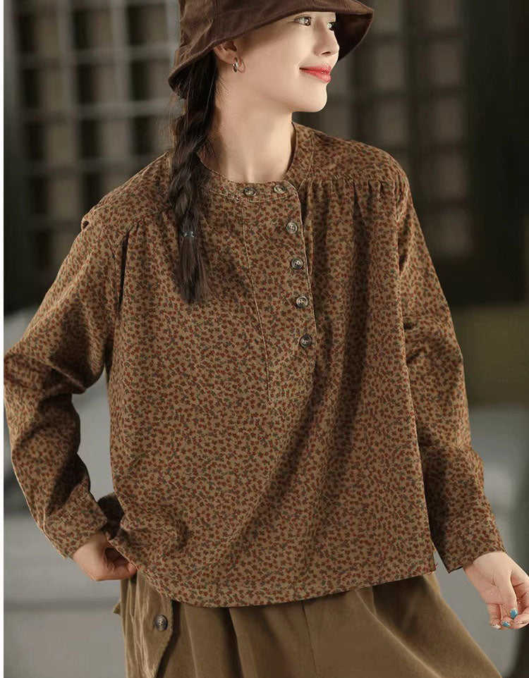 Autumn Women Color Printed Stand Collar Corduroy Shirt