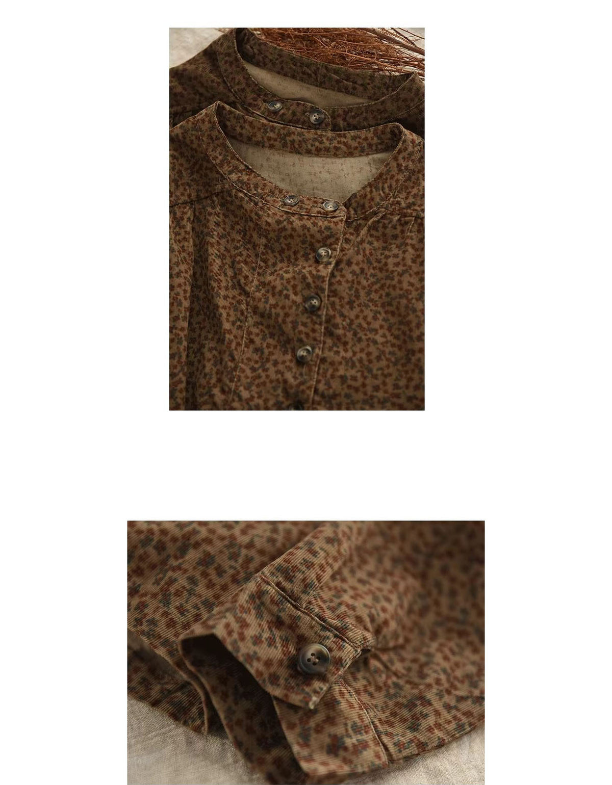 Autumn Women Color Printed Stand Collar Corduroy Shirt