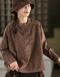 Autumn Women Color Printed Stand Collar Corduroy Shirt
