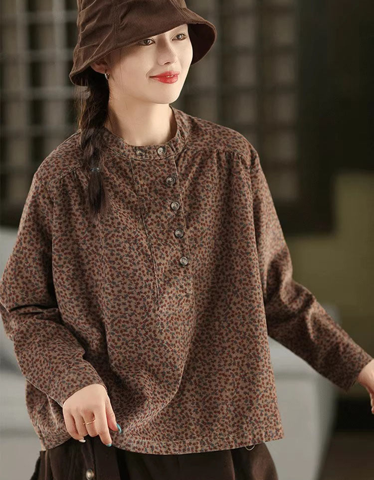 Autumn Women Color Printed Stand Collar Corduroy Shirt