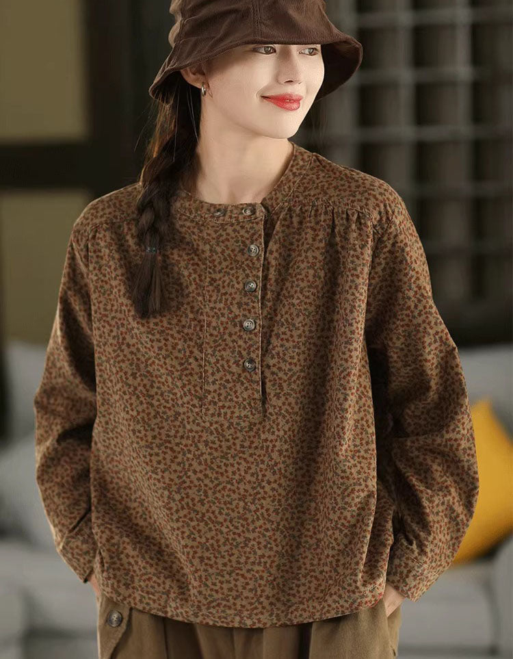 Autumn Women Color Printed Stand Collar Corduroy Shirt