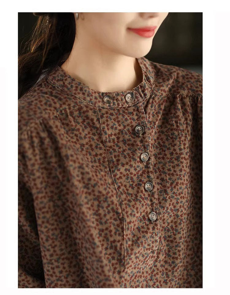 Autumn Women Color Printed Stand Collar Corduroy Shirt