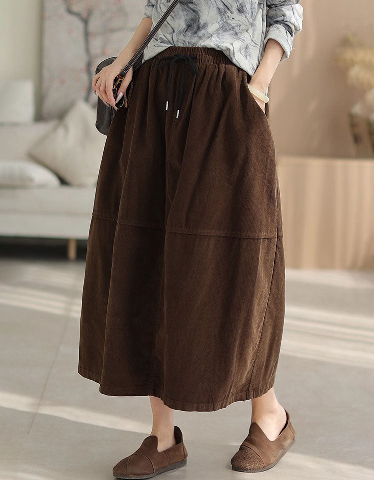 Autumn Women Corduroy Patchwork High Waist Loose Skirt