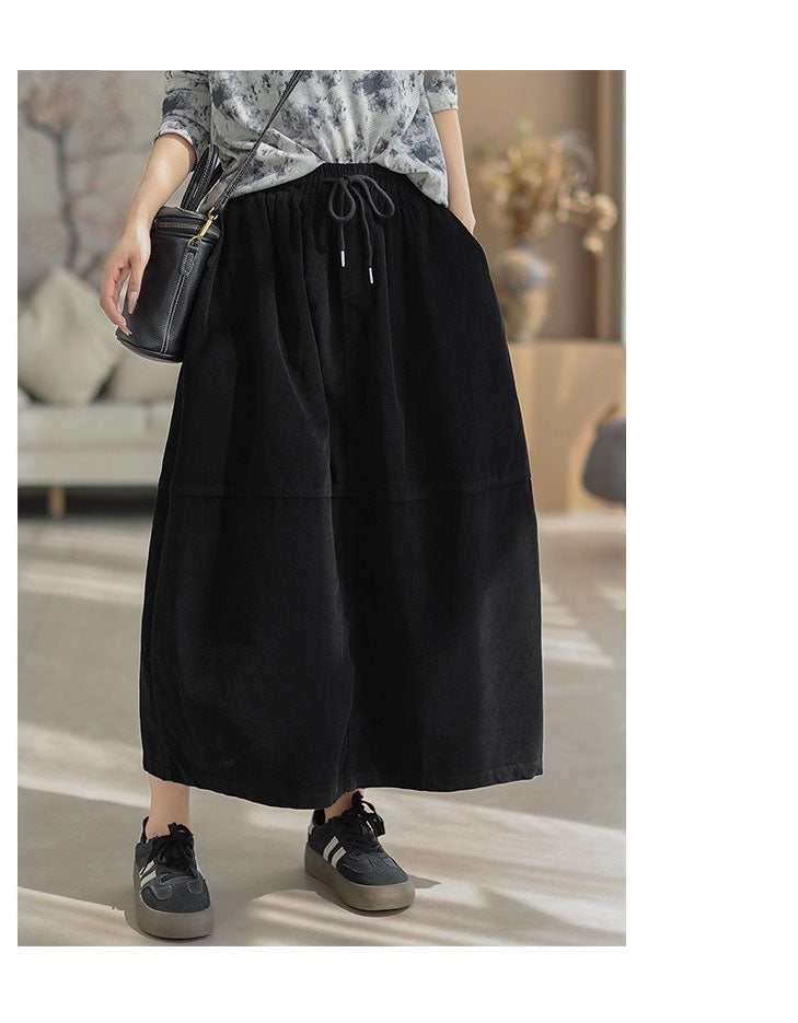 Autumn Women Corduroy Patchwork High Waist Loose Skirt