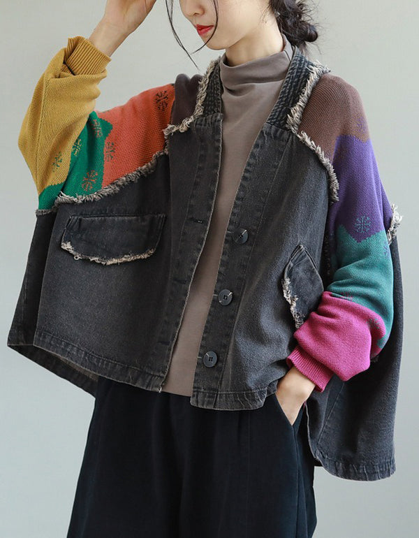 Autumn Women Oversized Retro Patchwork Denim Jacket