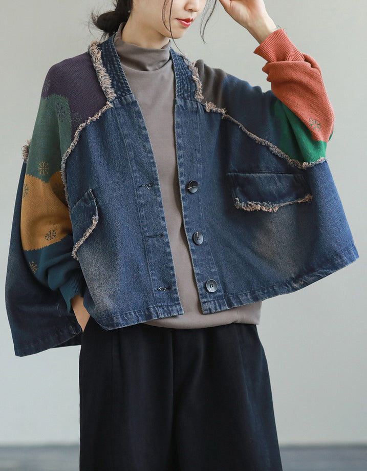 Autumn Women Oversized Retro Patchwork Denim Jacket