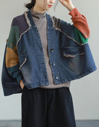 Autumn Women Oversized Retro Patchwork Denim Jacket