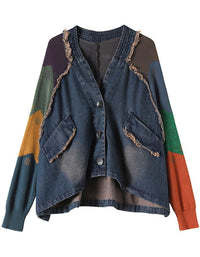 Autumn Women Oversized Retro Patchwork Denim Jacket