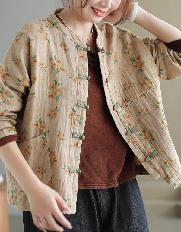 Autumn Women Vintage Floral Cotton Linen Coat