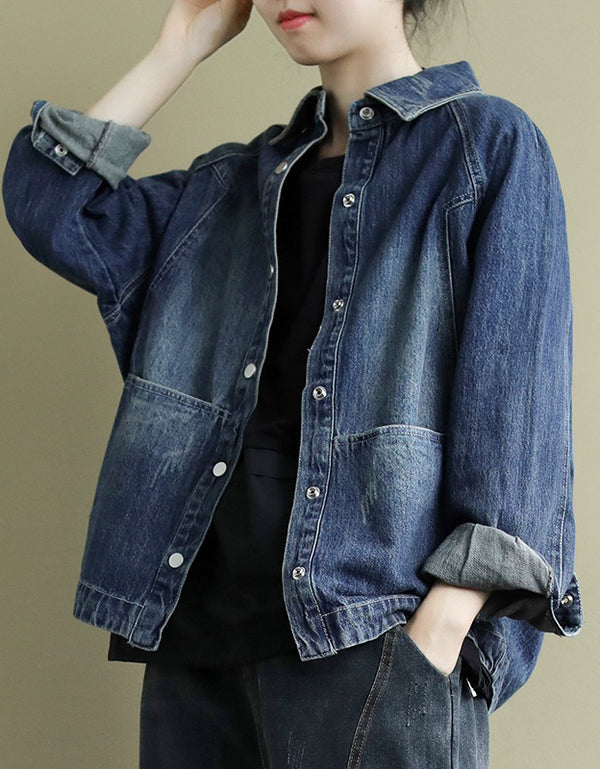 Autumn Women Vintage Loose Fit Button-Up Denim Jacket