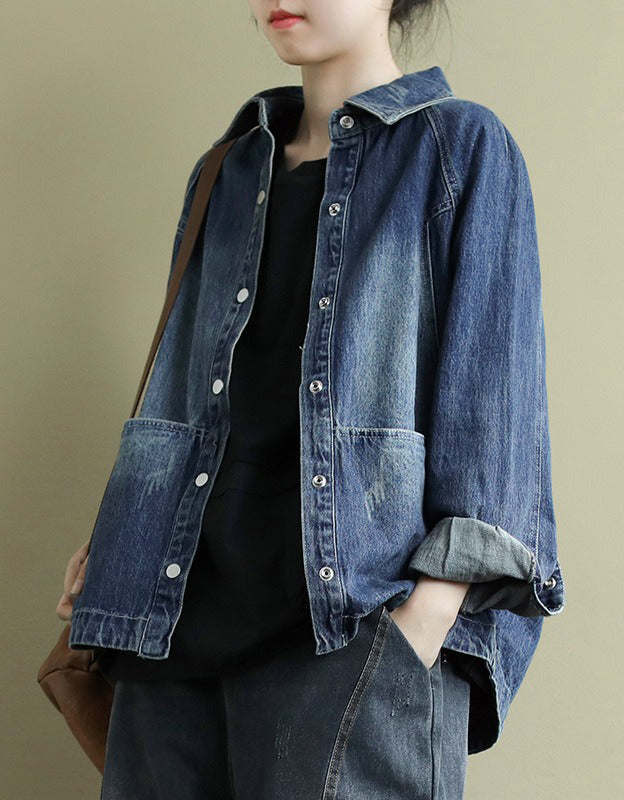 Autumn Women Vintage Loose Fit Button-Up Denim Jacket