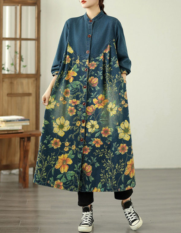 Autumn Women’s Casual Vintage Floral Denim Long Coat