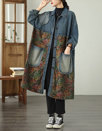 Autumn Women's Oversized Retro Art Print Denim Long Jacket