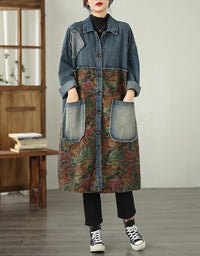 Autumn Women's Oversized Retro Art Print Denim Long Jacket