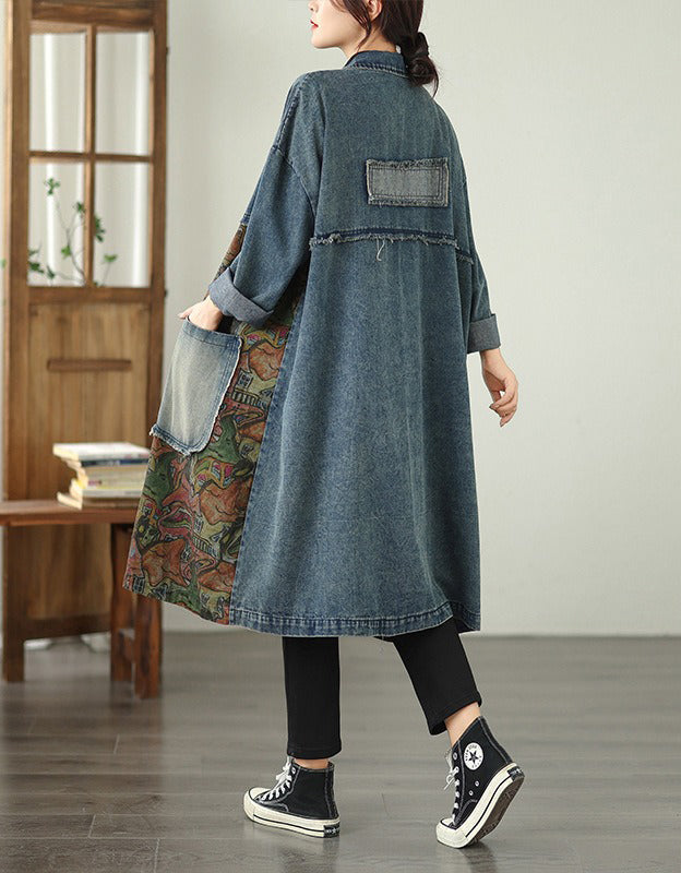 Autumn Women's Oversized Retro Art Print Denim Long Jacket