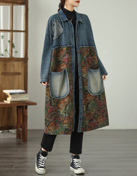 Autumn Women's Oversized Retro Art Print Denim Long Jacket