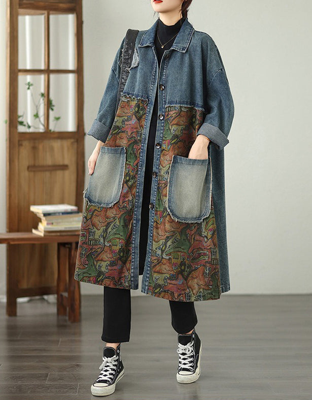Autumn Women's Oversized Retro Art Print Denim Long Jacket