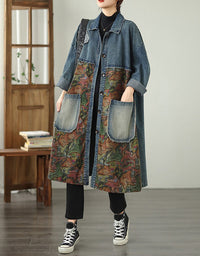Autumn Women's Oversized Retro Art Print Denim Long Jacket