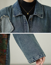 Autumn Women's Oversized Retro Art Print Denim Long Jacket