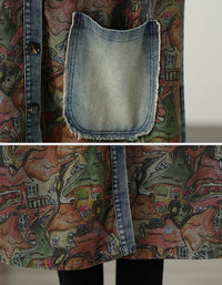 Autumn Women's Oversized Retro Art Print Denim Long Jacket