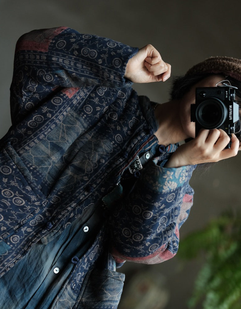 Autumn Women’s Retro Handmade Blue Patchwork Cardigan Jacket