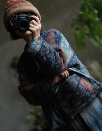 Autumn Women’s Retro Handmade Blue Patchwork Cardigan Jacket