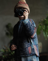 Autumn Women’s Retro Handmade Blue Patchwork Cardigan Jacket