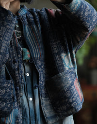 Autumn Women’s Retro Handmade Blue Patchwork Cardigan Jacket