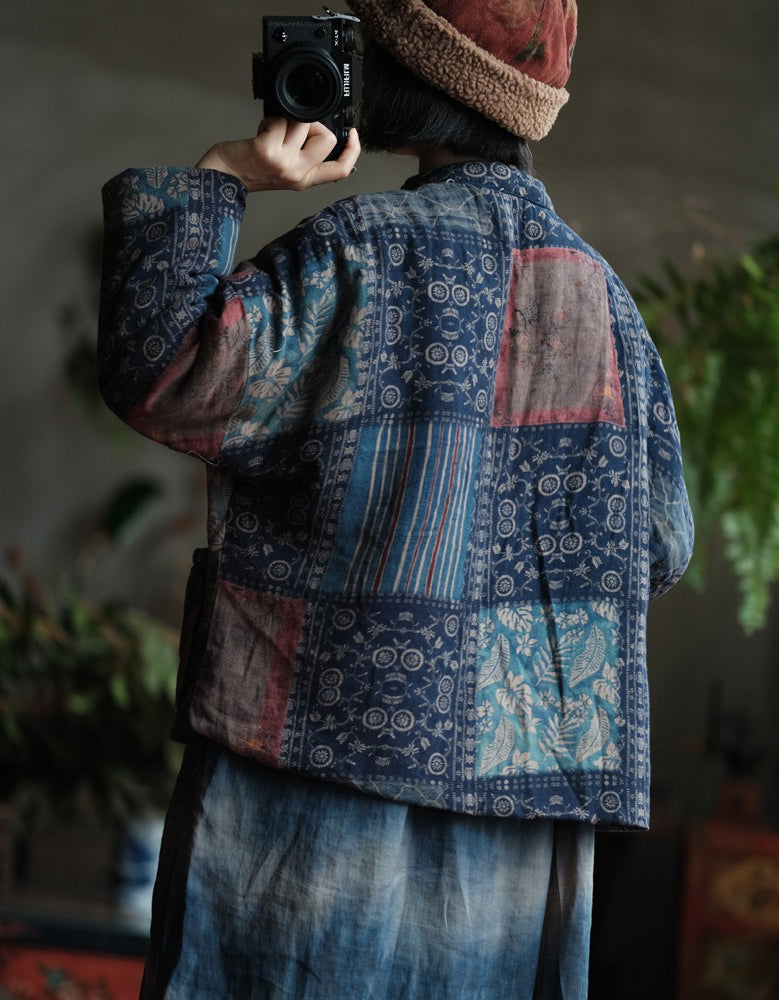 Autumn Women’s Retro Handmade Blue Patchwork Cardigan Jacket