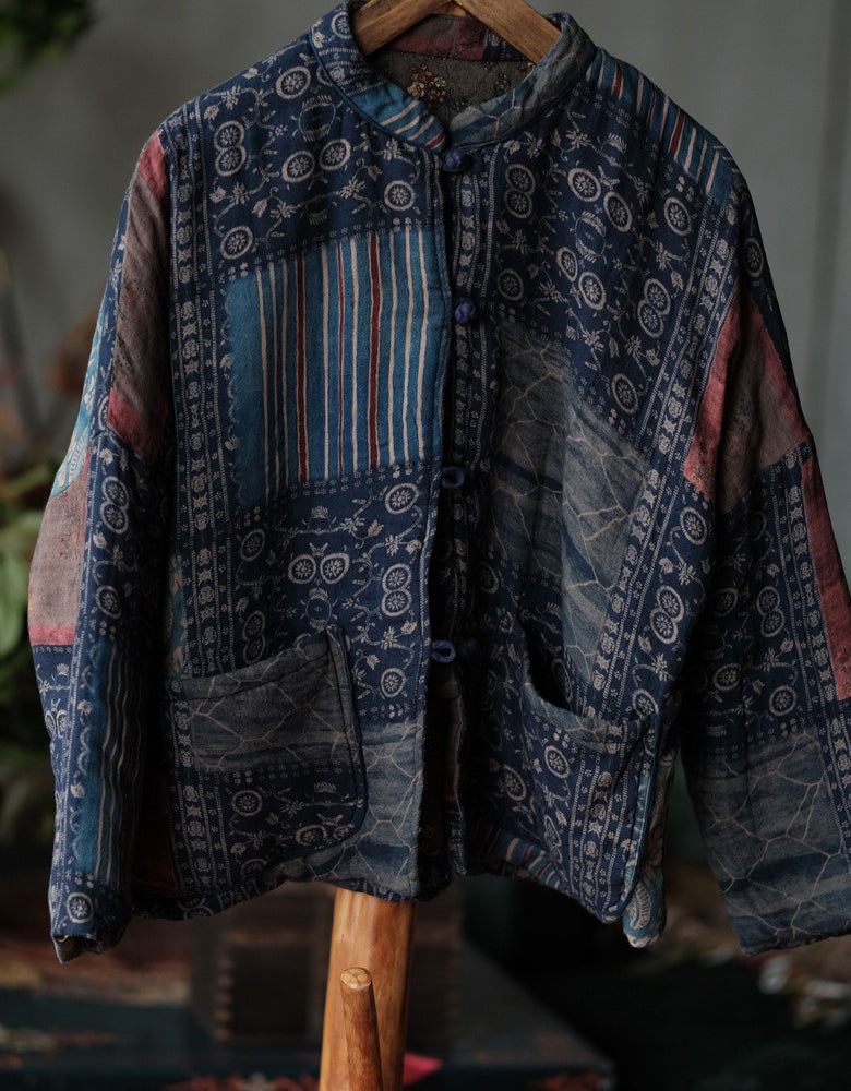 Autumn Women’s Retro Handmade Blue Patchwork Cardigan Jacket